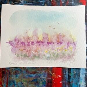 Sunset landscape painting original watercolor art orchard trees birds wall decor